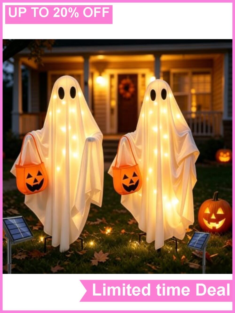 2Pack Solar Ghost Halloween Stake Lights IP65 Outdoor Yard Decor